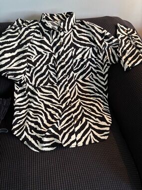 Zebra Print Button-Up Shirt in Black & White